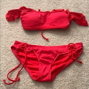 Red off the shoulder two piece bikini